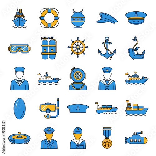 Set of 25 nautical and navy flat icons. Vector illustration of ships, anchors, diving gear, sailors, and maritime equipment in blue and yellow colors isolated on white.