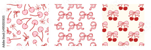 Seamless pattern with cute cherries, pink bows, and hearts. Sweet girly print for fabric, wallpaper, or gift paper. Retro cherry design with ribbons and fruity elements.