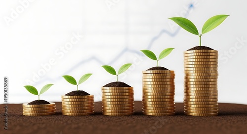 Rising stacks of gold coins with growing green plant sprouts representing financial investment and wealth growth success