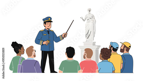 Guided Tour of Historic Landmark: A uniformed guide passionately leads a group of visitors on a tour of an ancient landmark. pointing to a statue that embodies historical significance
