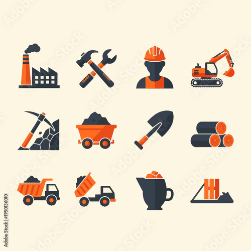 Set of 16 industrial and mining flat icons. Vector illustration of factory, excavator, miner, coal, oil pump, and logistics symbols in orange and black style isolated on beige.
