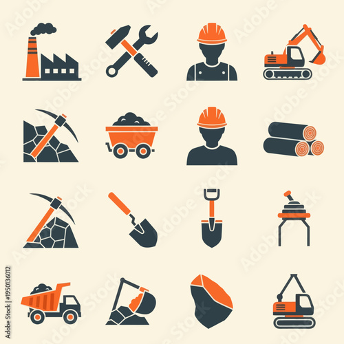 Set of 16 industrial and mining flat icons. Vector illustration of factory, excavator, miner, coal, oil pump, and logistics symbols in orange and black style isolated on beige.