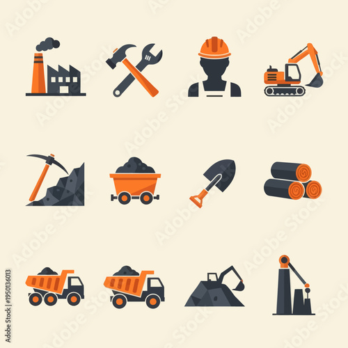 Set of 16 industrial and mining flat icons. Vector illustration of factory, excavator, miner, coal, oil pump, and logistics symbols in orange and black style isolated on beige.
