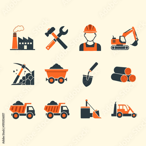 Set of 16 industrial and mining flat icons. Vector illustration of factory, excavator, miner, coal, oil pump, and logistics symbols in orange and black style isolated on beige.