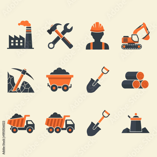Set of 16 industrial and mining flat icons. Vector illustration of factory, excavator, miner, coal, oil pump, and logistics symbols in orange and black style isolated on beige.