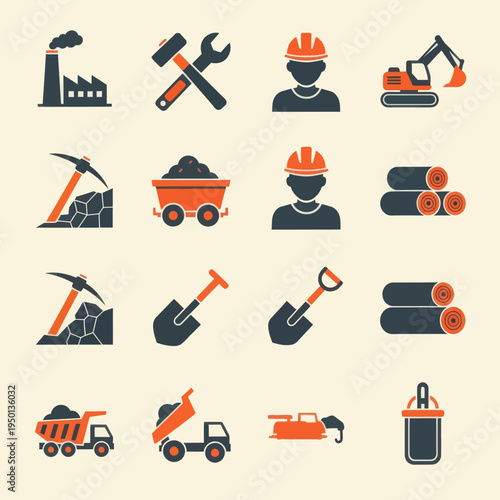 Set of 16 industrial and mining flat icons. Vector illustration of factory, excavator, miner, coal, oil pump, and logistics symbols in orange and black style isolated on beige.