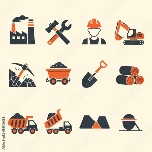 Set of 16 industrial and mining flat icons. Vector illustration of factory, excavator, miner, coal, oil pump, and logistics symbols in orange and black style isolated on beige.