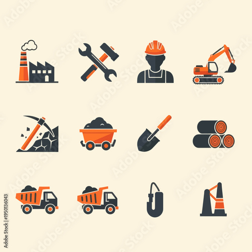 Set of 16 industrial and mining flat icons. Vector illustration of factory, excavator, miner, coal, oil pump, and logistics symbols in orange and black style isolated on beige.