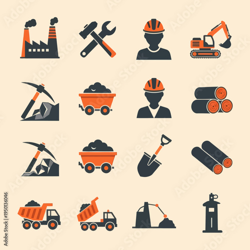 Set of 16 industrial and mining flat icons. Vector illustration of factory, excavator, miner, coal, oil pump, and logistics symbols in orange and black style isolated on beige.