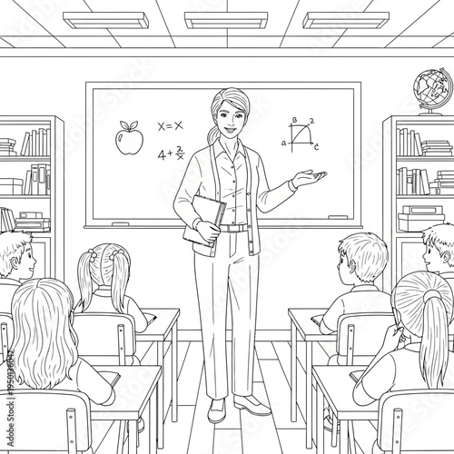 teacher standing in front of classroom with students sitting at desks