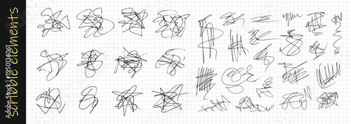 Hand-drawn pen scribbles scratches create chaotic doodle textures with messy, expressive strokes perfect for grunge art projects and creative designs. Vector illustration