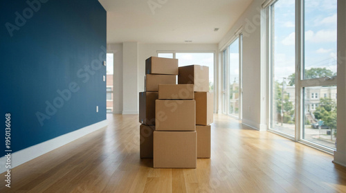 Stacked cardboard boxes in empty apartment with large windows. Moving to new home concept. Urban relocation and fresh start in modern living space