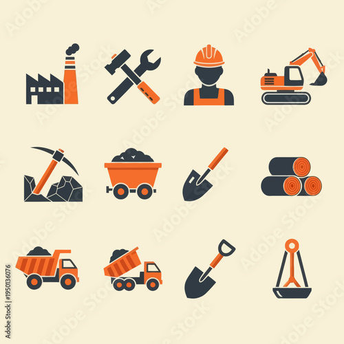Set of 16 industrial and mining flat icons. Vector illustration of factory, excavator, miner, coal, oil pump, and logistics symbols in orange and black style isolated on beige.