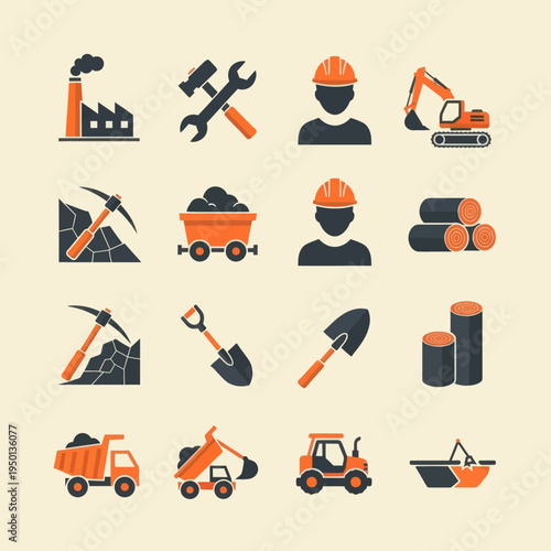Set of 16 industrial and mining flat icons. Vector illustration of factory, excavator, miner, coal, oil pump, and logistics symbols in orange and black style isolated on beige.