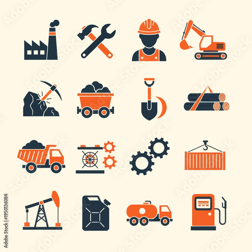 Set of 16 industrial and mining flat icons. Vector illustration of factory, excavator, miner, coal, oil pump, and logistics symbols in orange and black style isolated on beige.