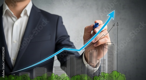 Professional businessman drawing a rising blue success arrow graph over a sketch of urban buildings and city skyline
