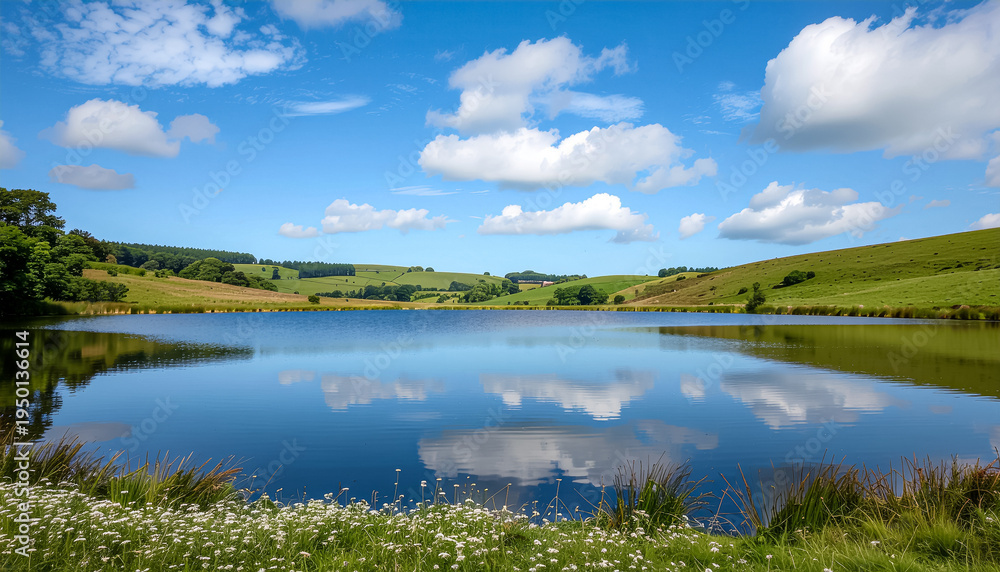 Fototapeta premium Peaceful countryside lake with reflection of clouds and rolling green hills for landscape design.