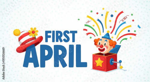 Colorful clown popping out of a red box with confetti on april fools' day celebration