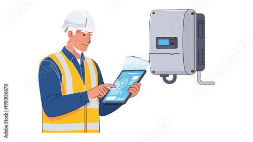 Solar panel specialist in control: An industry professional meticulously inspects the settings on a digital tablet, monitoring a solar panel inverter.