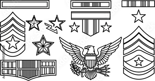 Military rank insignia and medal outline set, army chevrons stars ribbons and eagle emblem, vintage line art military badges collection