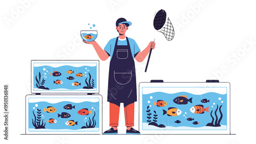 Aquarium Shop Keeper with Fish: An aquarium shopkeeper presents colorful fish swimming in a tank, capturing a moment of care in aquatic life.