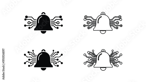 Four bell icons with abstract line designs on a white background in black and white.