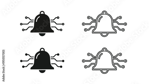 Four notification bell icons in black and white, with lines radiating outward, on a plain white background.