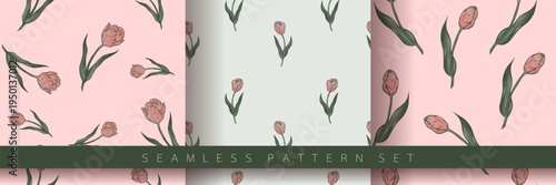 Seamless floral pattern set with delicate pink flowers and green leaves on soft pastel backgrounds. Elegant botanical surface design collection for fabric, wrapping paper, wallpaper, stationery and br