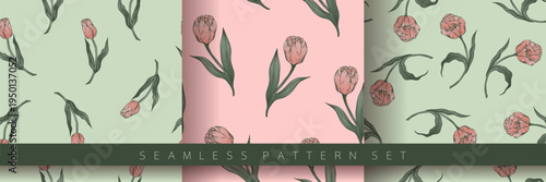 Seamless floral pattern set with delicate pink flowers and green leaves on soft pastel backgrounds. Elegant botanical surface design collection for fabric, wrapping paper, wallpaper, stationery and br