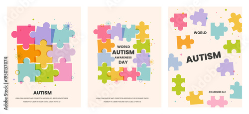 World autism awareness day social media post banner design template set. World autism day colorful puzzle vector. Symbol of autism. autism Health care Medical flat background of April 02