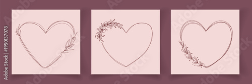 Elegant botanical heart frame set with delicate floral line art on soft pink background. Romantic decorative outline collection for wedding, invitation, card, branding and feminine design.
