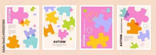 World autism awareness day social media post banner design template set. World autism day colorful puzzle vector. Symbol of autism. autism Health care Medical flat background of April 02