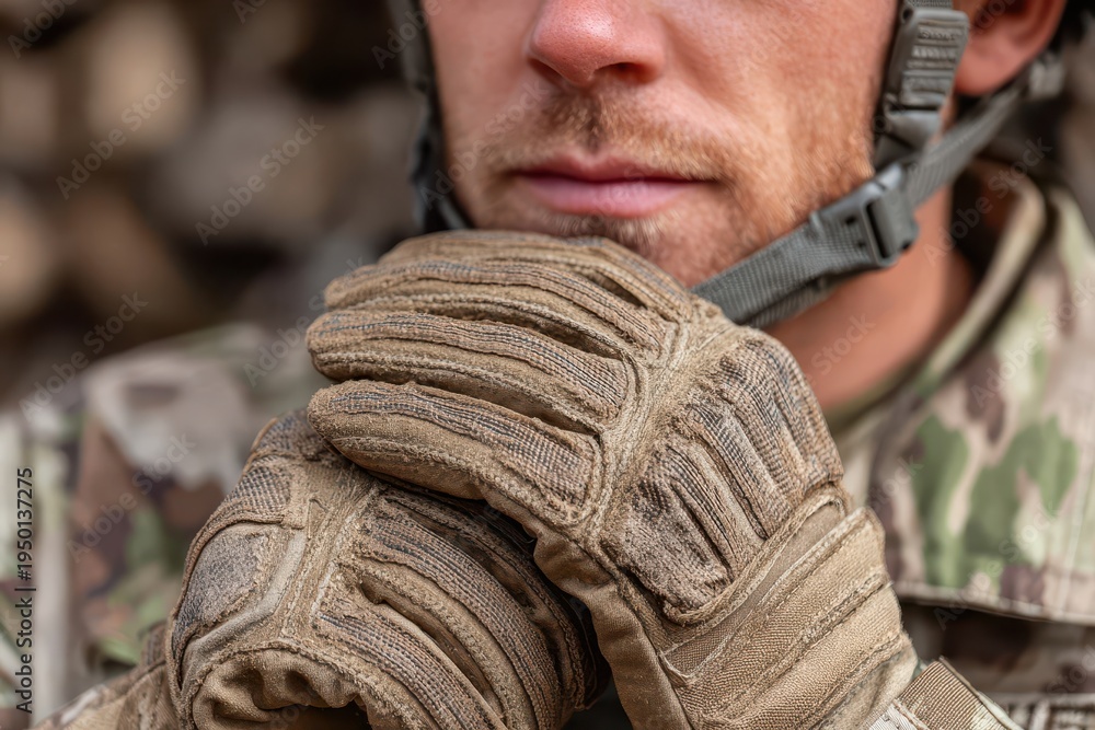 Fototapeta premium Close-up of a soldier wearing a helmet and gloves, resting his chin on his hands, wearing camouflage clothing and ready for military action and tactical operations.