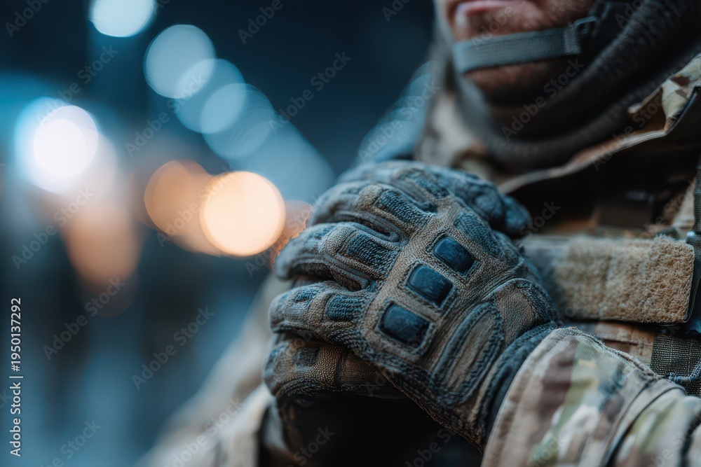 Naklejka premium Close-up of a soldier in camouflage uniform with tactical gloves and gear, standing guard at night, with blurred city lights creating a bokeh effect in the background.