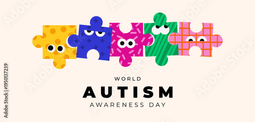 World autism awareness day banner .Cute puzzle characters with funny faces. Kids game with emotions, expressions, mood, feelings. Colored flat vector illustrations