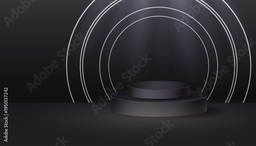 Modern dark podium background with glowing circular lines and soft spotlight. Elegant abstract showcase stage for product presentation, branding, cosmetics and premium advertising design.