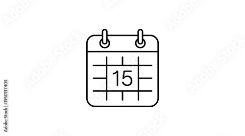 Minimalist calendar icon with bold date 15, clean lines, simple design, black and white style