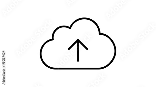 Simple cloud upload icon with arrow, minimal outline design, clean black style, digital storage symbol