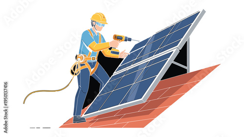 Renewable Energy Installation: A skilled technician diligently installs solar panels on a rooftop, symbolizing the forefront of sustainable energy solutions and the promise of a greener future.