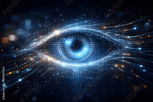 Digital Eye: A mesmerizing digital depiction of an eye, radiating with glowing lines and points, symbolizing vision, perception, and the digital world.