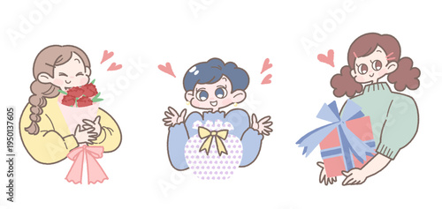 プレゼントをもらって嬉しそうな笑顔の女性のイラスト3人セット