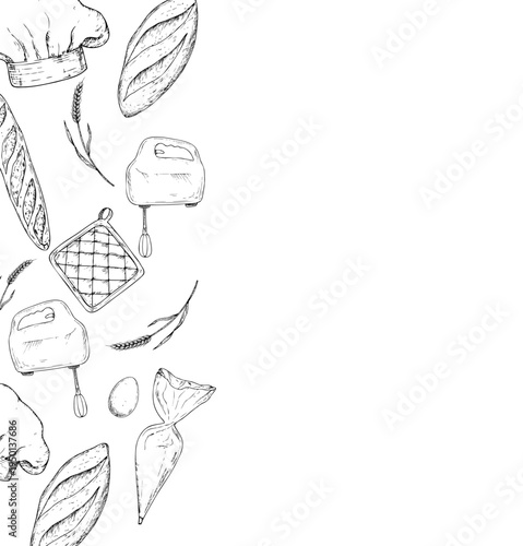 Vector frame, template with bread, pastry bag, wheat ear, pot holders, whisk, egg. Graphic ink Oven Mitt, kitchen tool illustration isolated on background. Hand drawn line sketch. For designers