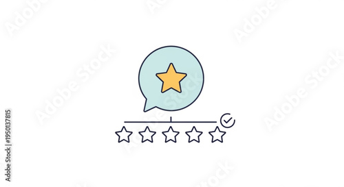 Positive review with five star rating and satisfied speech bubble icon on white background