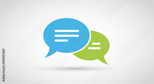 Colorful blue and green chat bubbles with white text lines on a gray background for communication and dialogue