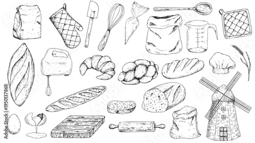 Vector big bakery set. Graphic ink, loaf food, rolling pin, cutting board, measuring cup, ear of wheat, grain, slice of bread, ciabatta, baguette. Bun illustration isolated on background. Hand drawn