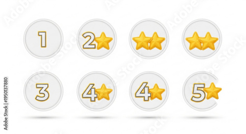 Golden star ratings icons set with numbers one to five on white background for feedback
