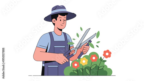 Gardener Pruning Plants: An illustration of a dedicated gardener, shown with pruning shears, skillfully tending to vibrant bushes in a thriving garden.