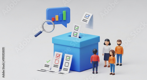 People voting with ballots and magnifying glass near blue box