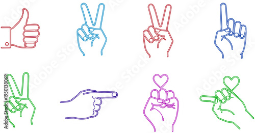 Colorful Hand Gestures Set with Thumbs Up, Peace Sign, Pointing, Heart, and Handshake for Expressive Communication