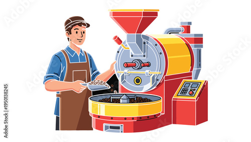 Coffee Roasting Craft: An artisan roaster, carefully tending to the beans with precision, oversees the industrial coffee roasting process.